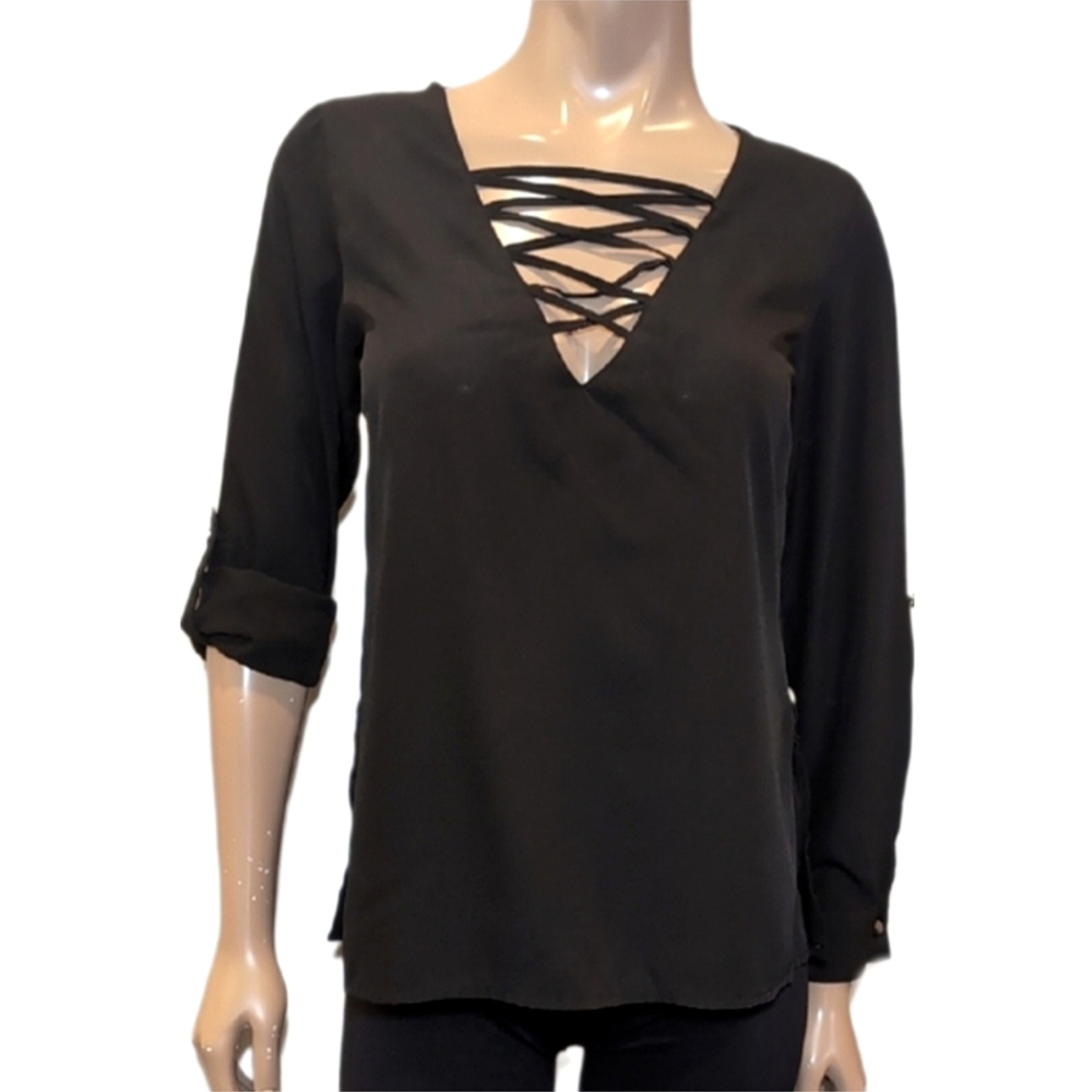 💠True Destiny Trellis Criss Cross Top Long Roll Tab Sleeve Side Slit Blouse